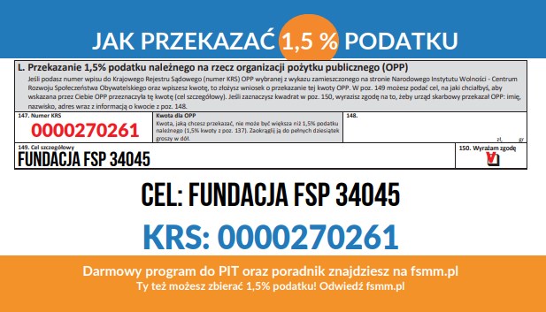 Wizytówka 1,5% podatku Fundacji Future Steps Poland — tył