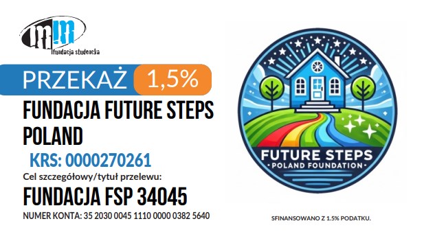 Wizytówka 1,5% podatku Fundacji Future Steps Poland — przód